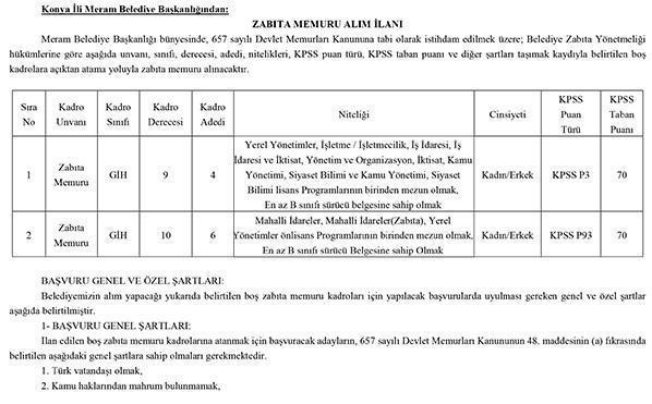 Zabıta memuru alımı Konya Meram Belediyesi zabıta alıyor Başvurular nasıl yapılır