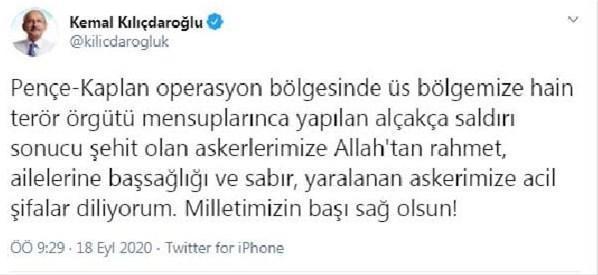 CHP lideri Kılıçdaroğlundan şehit 2 asker için başsağlığı mesajı