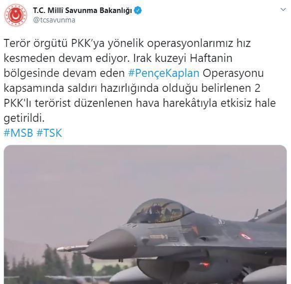 MSB duyurdu 2 PKKlı terörist hava harekatıyla etkisiz hale getirildi
