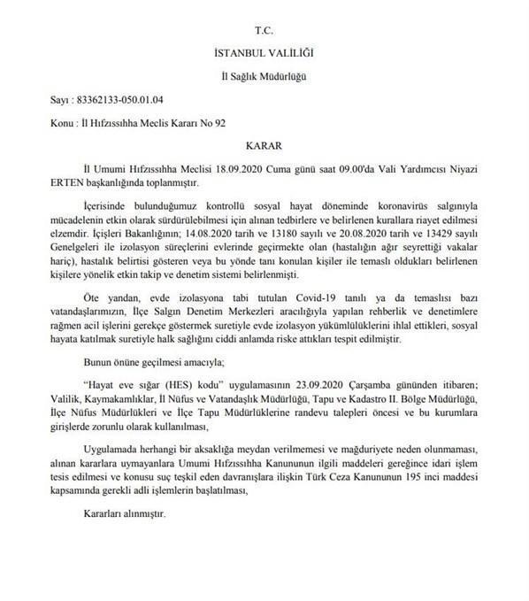 İstanbulda kamu kurumlarına girişte HES kodu şartı getirildi