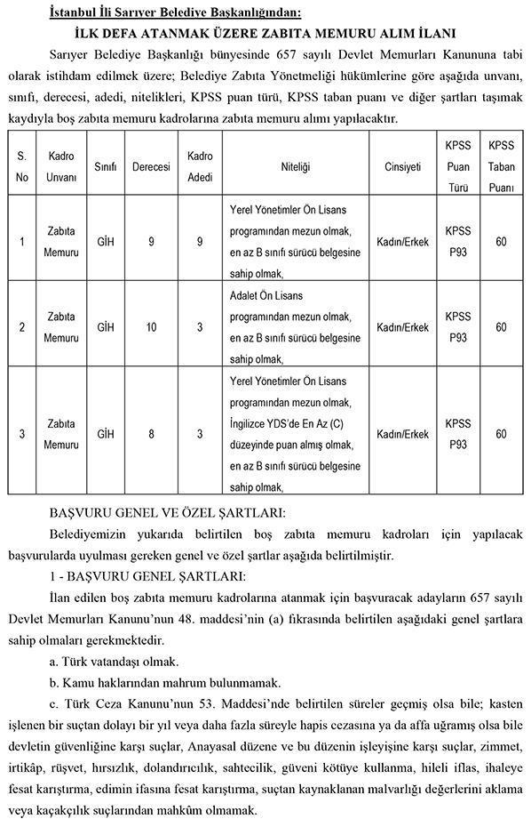 Sarıyer Belediyesi zabıta alıyor Zabıta alımı başvuruları nasıl yapılır