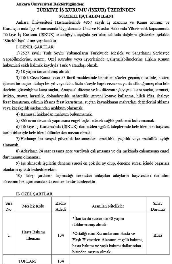 Ankara Üniversitesi İŞKUR aracılığıyla 134 işçi alıyor Başvurular nasıl yapılır