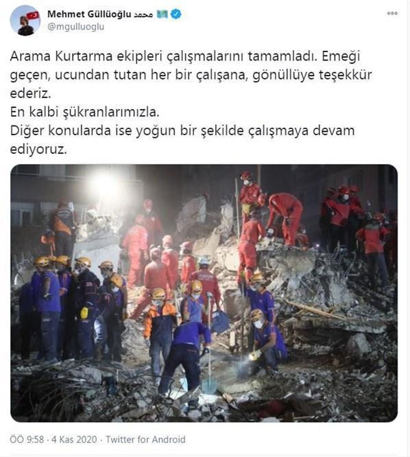 AFAD Başkanı Güllüoğlu: Arama kurtarma ekipleri çalışmalarını tamamladı