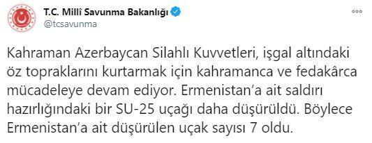 MSB açıkladı Azerbaycan, Ermenistan’a ait SU-25 uçağını düşürdü