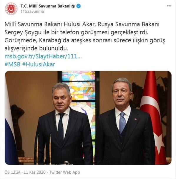 Bakan Akar, Rus mevkidaşı Şoygu ile telefonda görüştü