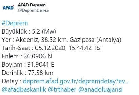 Antalyada şiddetli deprem