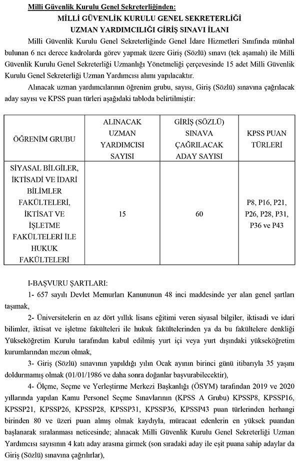 MGK Sekreterliği 15 uzman yardımcısı alacak İşte başvuru şartları