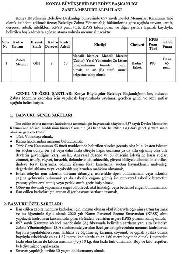 Konya Büyükşehir Belediyesi KPSSden az 65 puanla memur alıyor