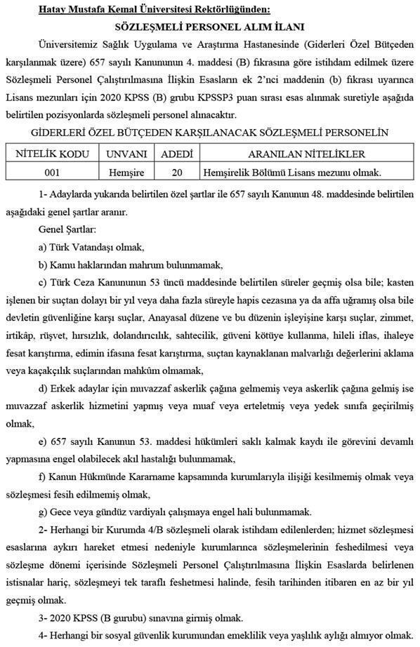 Hatay Mustafa Kemal Üniversitesi sözleşmeli personel alıyor Sağlık personeli alımı şartları