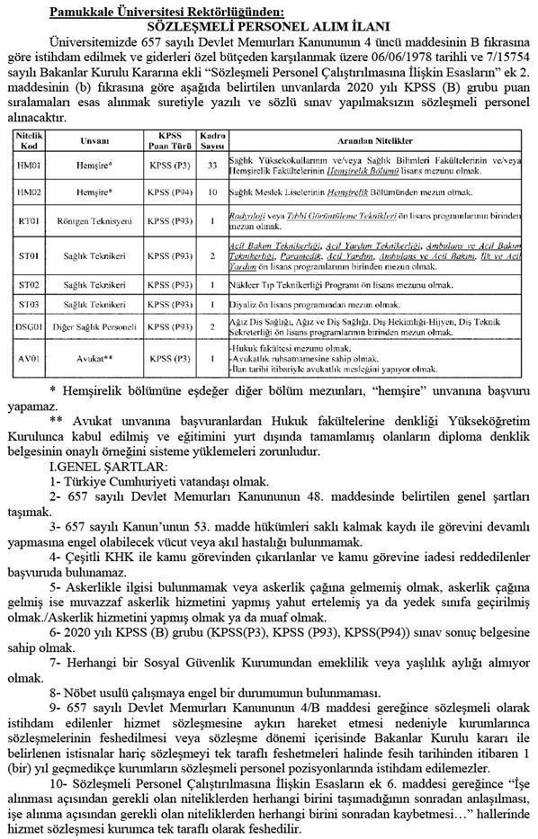 Pamukkale Üniversitesi sözleşmeli personel alımı ilanı Pamukkale Üniversitesi personel alımı başvuru şartları