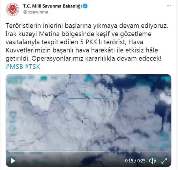 MSB: Irakın kuzeyinde 5 PKKlı etkisiz hale getirildi