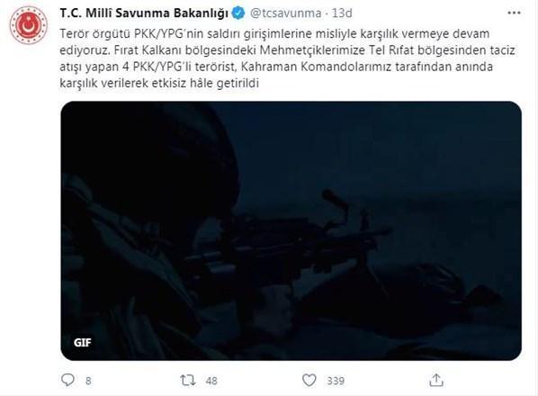 MSB: 4 PKK/YPGli terörist etkisiz hale getirildi