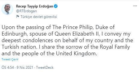 Cumhurbaşkanı Erdoğandan Kraliçe 2. Elizabethin eşi Prens Philip  için taziye mesajı