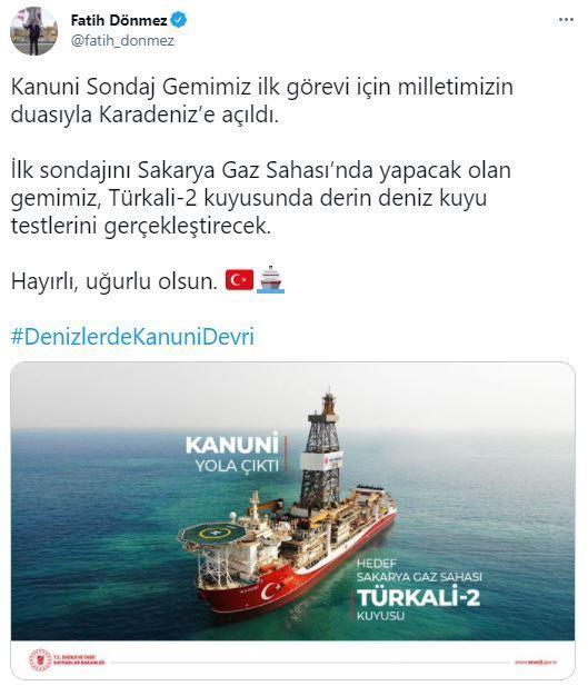 Kanuni Sondaj Gemisi Karadenize açıldı Bakan Dönmez duyurdu