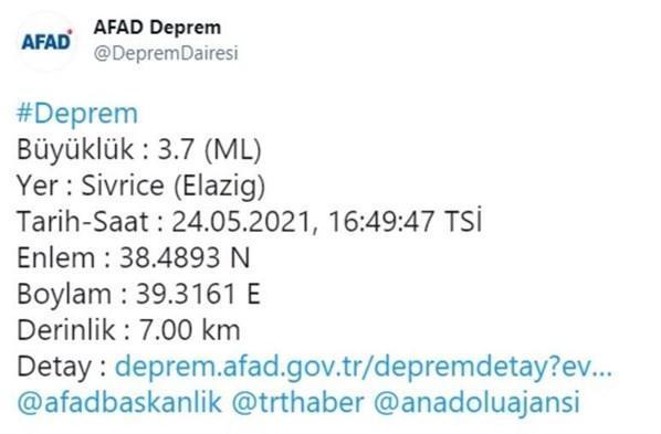 Elazığda 3.7 büyüklüğünde deprem