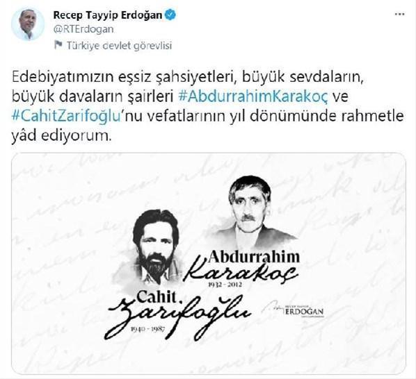 Cumhurbaşkanı Erdoğan, Karakoç ve Zarifoğlunu andı