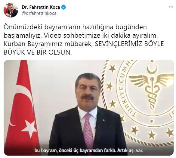 Bakan Kocadan bayram mesajı: Bu bayram diğer 3 bayramdan farklı