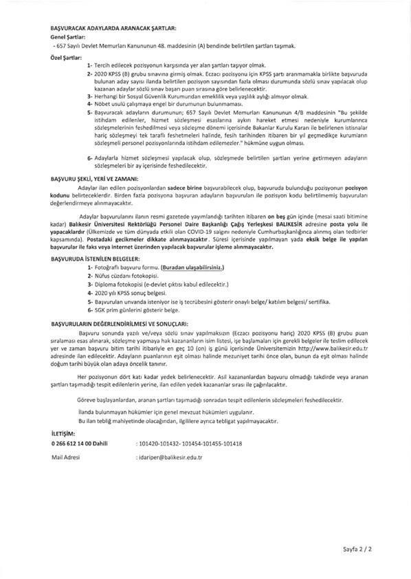 Balıkesir Üniversitesi en az lise mezunu sözleşmeli (4/B) personel alacak İşte başvuru şartları
