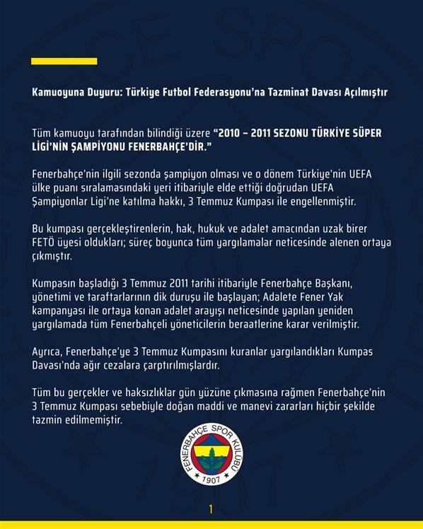 Hesap vakti Fenerbahçeden TFFye 250 milyon TLlik dava