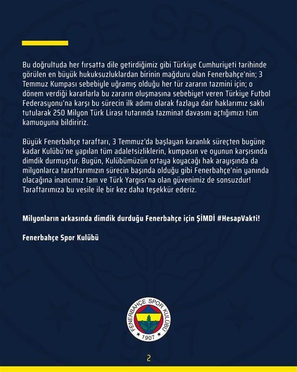 Hesap vakti Fenerbahçeden TFFye 250 milyon TLlik dava