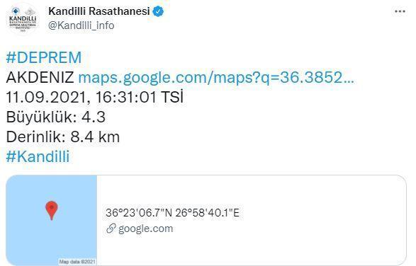 Datça açıklarında 4.4 büyüklüğünde deprem AFAD ve Kandilliden açıklama