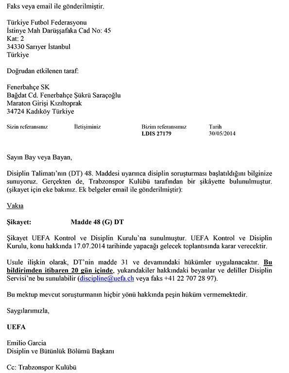 İşte UEFAnın soruşturma mektubu