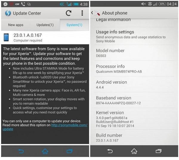 Xperia Z2, Android 4.4.4e kavuştu
