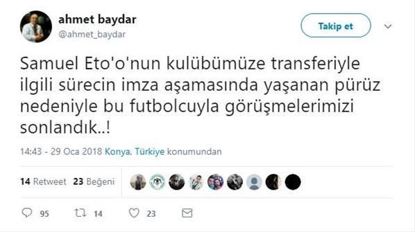 Atiker Konyaspor Samuel Etoodan vazgeçti