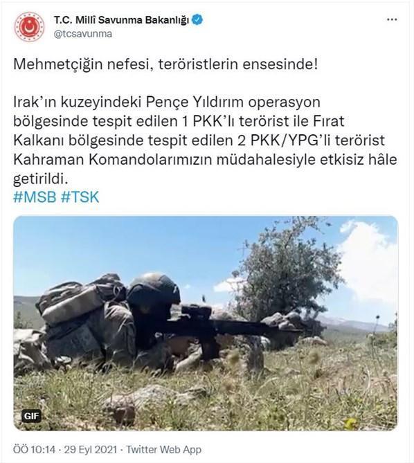 MSB: 3 PKKlı terörist etkisiz hale getirildi