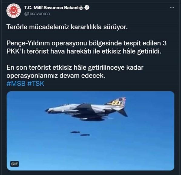 MSB duyurdu 3 terörist öldürüldü