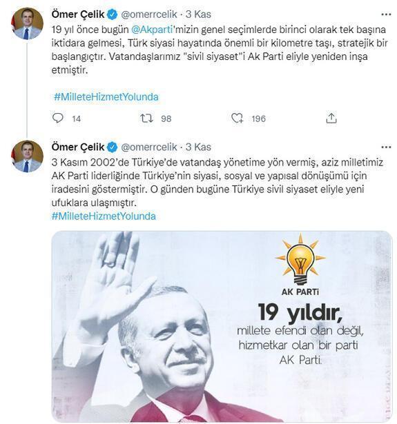 Ömer Çelik’ten AK Parti paylaşımı 19 yıl önce bugün