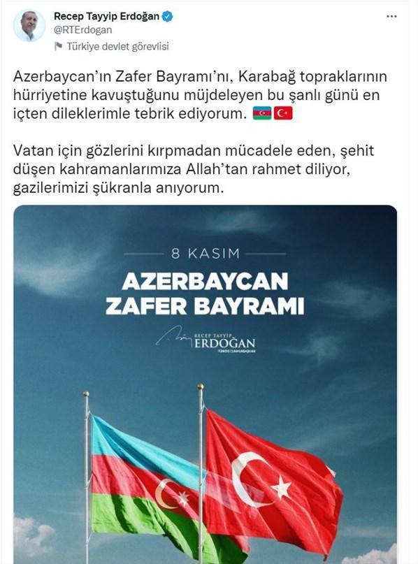 Cumhurbaşkanı Erdoğan, Azerbaycan Zafer Bayramını kutladı