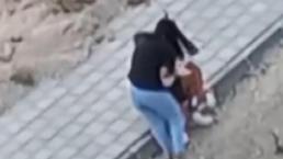 Genç kız, kaldırımda oturan erkeği tartaklayıp tokat attı