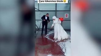 Damat gelini 'oto yıkamada' yıkadı! Sosyal medyada viral oldu
