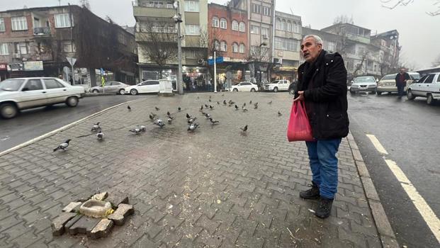 Depremde hasar alan cami önündeki güvercinleri her gün yemliyor!