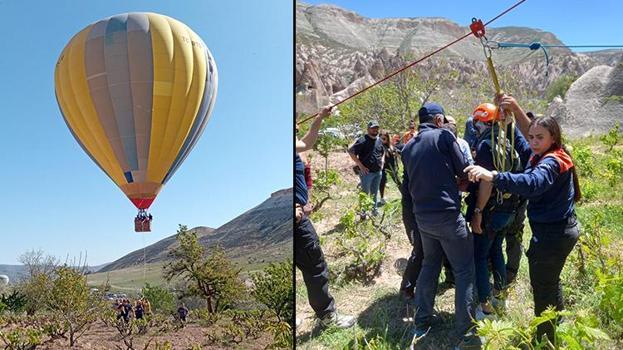 Kapadokya'da korku dolu anlar! Sıcak hava balonu, kayalıklara zorunlu iniş yaptı