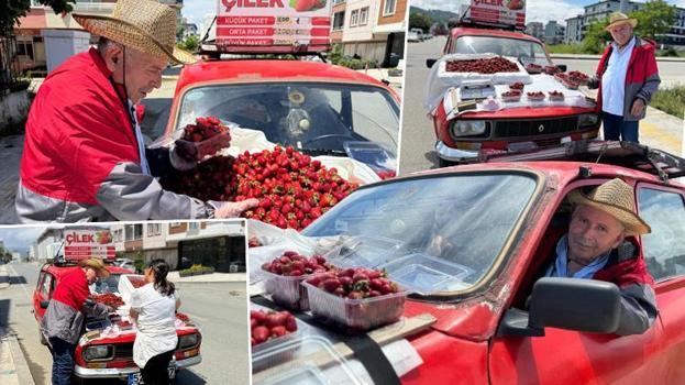 Ordu'da onu yolda gören şaşıp kalıyor! Her yeri çilekle dolu emektar otomobiliyle kilometrelerce yol gidiyor