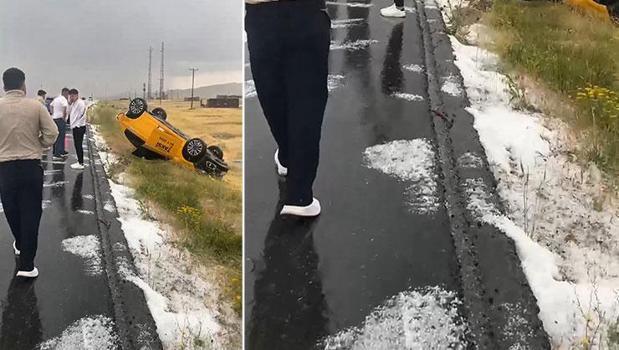 Yaz ortasında dolu yağışı! Kontrolü kaybeden araç kaza yaptı