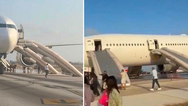 Antalya Havalimanında iniş takımından duman çıkan uçağın yolcuları tahliye edildi
