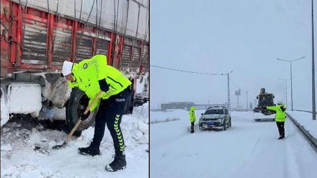 Kar yağışı ve buzlanma nedeniyle yolda kalanlara polis desteği