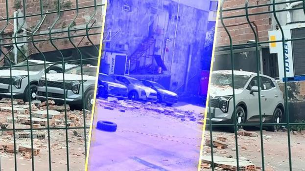 Kağıthane'de binanın çöken duvarı 12 adet sıfır kilometre araçta hasar oluşturdu
