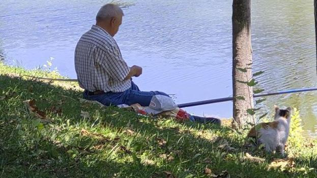 Akıllı kedi Porsuk Çayı'nda balık tutan adamın başından ayrılmadı