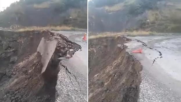 Tokat'ta korkutan heyelan anı kamerada: Sağanak yağış sonrası yolun bir bölümü böyle çöktü!