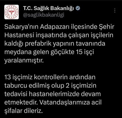 Sakarya Şehir Hastanesi inşaatındaki göçükte yaralanan 15 işçiden 13'ü taburcu oldu