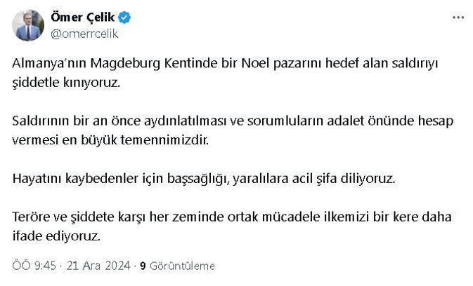 AK Parti'li Çelik: Almanya'da Noel pazarını hedef alan saldırıyı şiddetle kınıyoruz