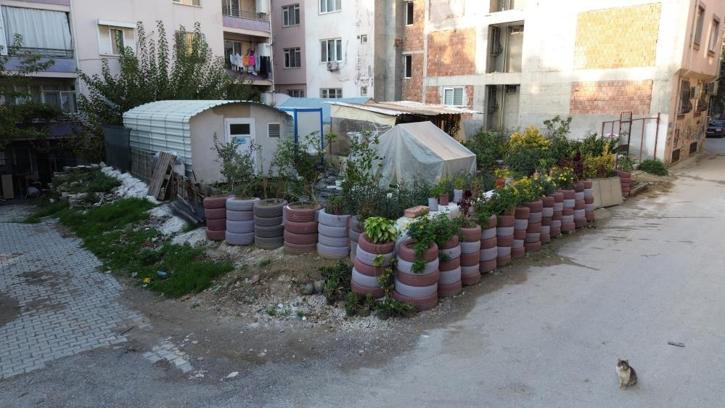 Araç lastiklerini sinekler için biriktirdi! Yetmedi onlardan çiçek bahçesi yaptı