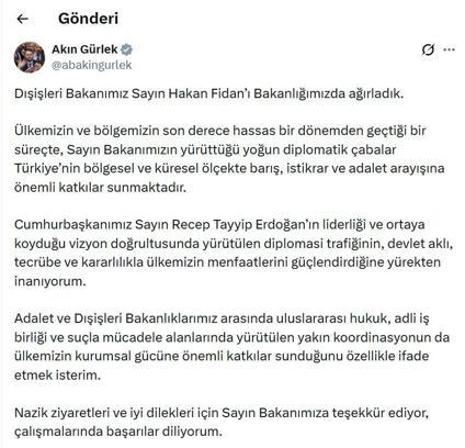 Bakan Fidan'dan, Bakan Gürlek'e ziyaret