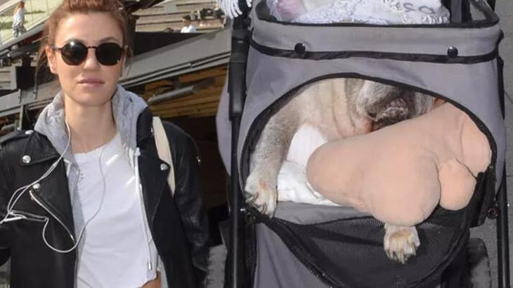 Yüsra Geyik köpeğini bebek arabasında gezdirdi