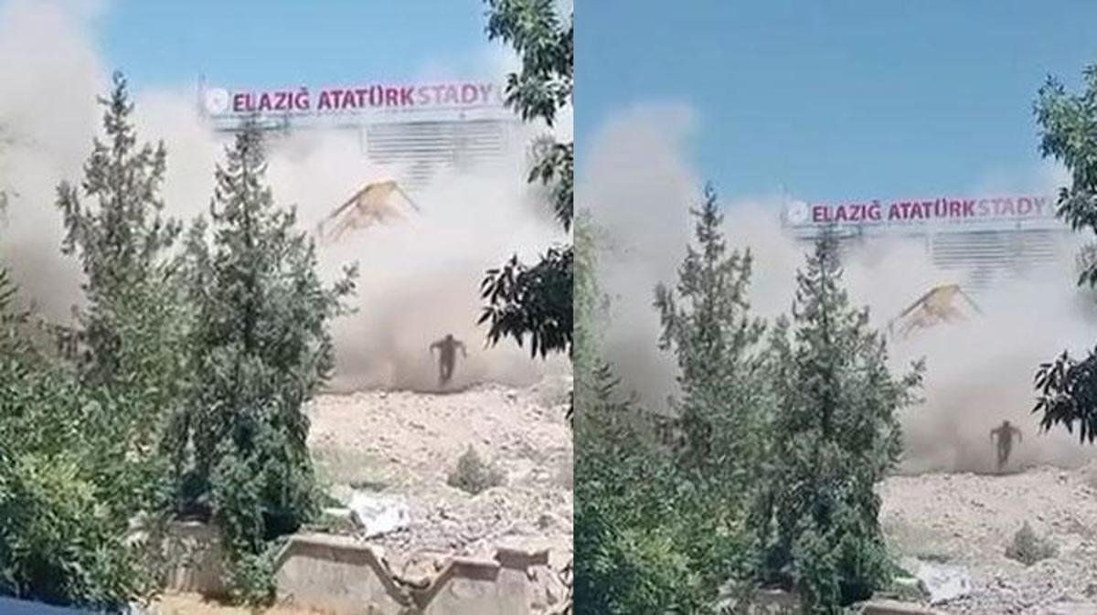 Elazığ'da yıkım çalışması sırasında çöken bina ve iş makinesi