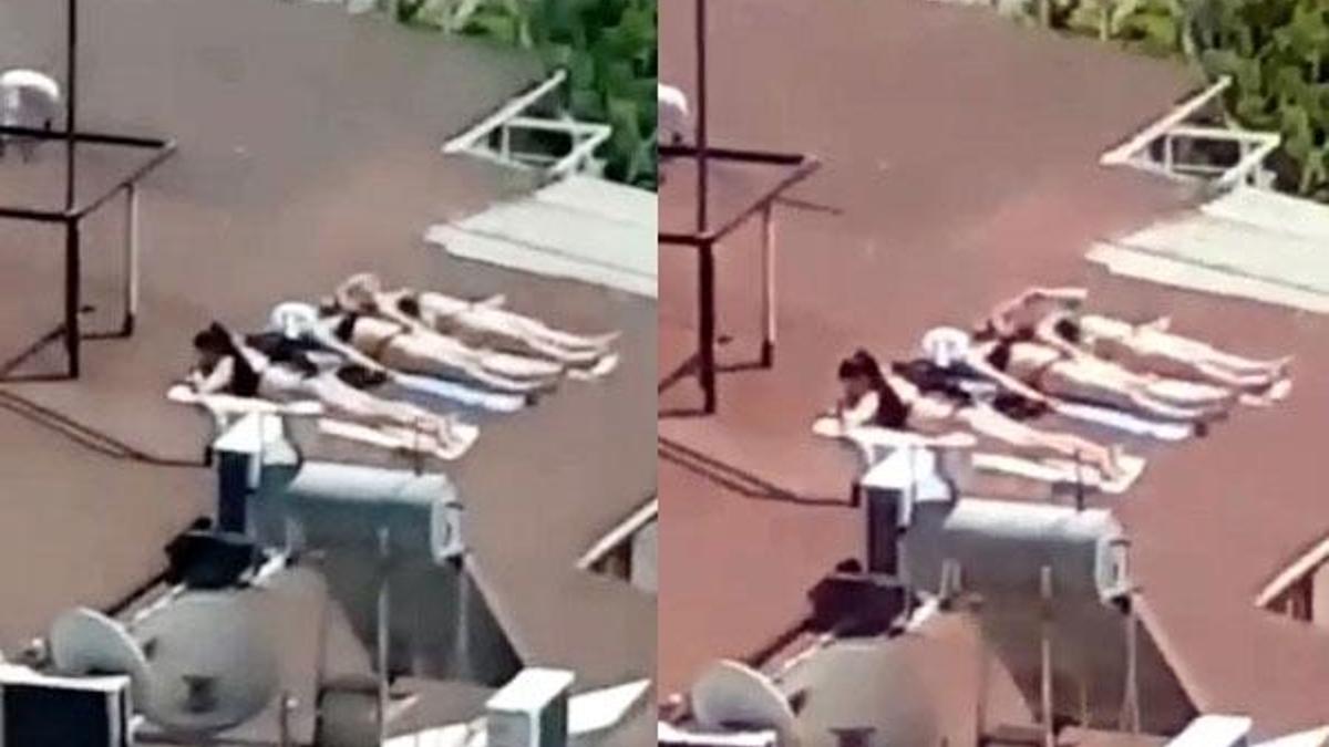 Corona virüs nedeniyle çatıda bikinili, mayolu güneşlenme